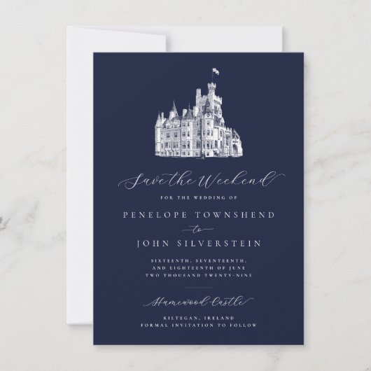 Navy Blau Kasteel Illustratie Weekend Trouwen Save The Date (Voorkant)