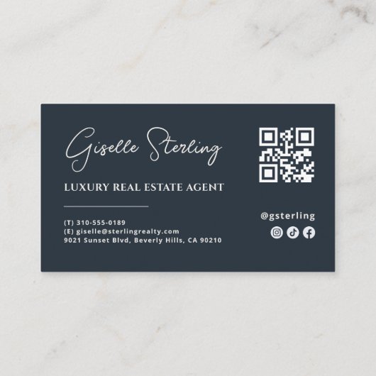 Navy Blau Minimalistisch Script QR Code Visitekaartje (Achterkant)