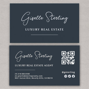 Navy Blau Minimalistisch Script QR Code Visitekaartje