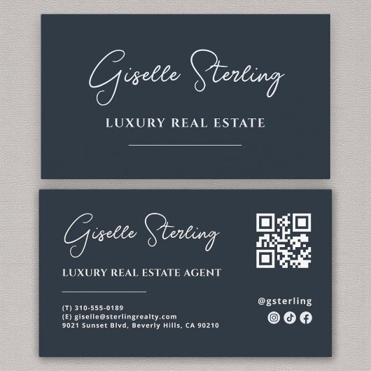 Navy Blau Minimalistisch Script QR Code Visitekaartje