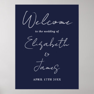 Navy Blau Minimalistisch Script Trouw Welkom Bord Poster