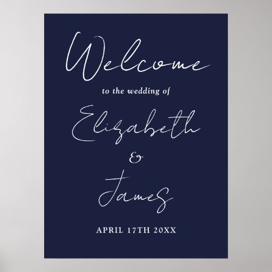 Navy Blau Minimalistisch Script Trouw Welkom Bord Poster (Voorkant)