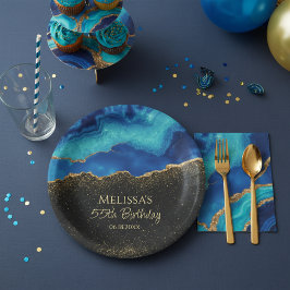 Navy Blau Teal Goud Glitter Abstract Waterverf  Papieren Bordje