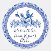 Navy Blau Witte Aziatische Chinoiserie Keukencadea Ronde Sticker (Voorkant)