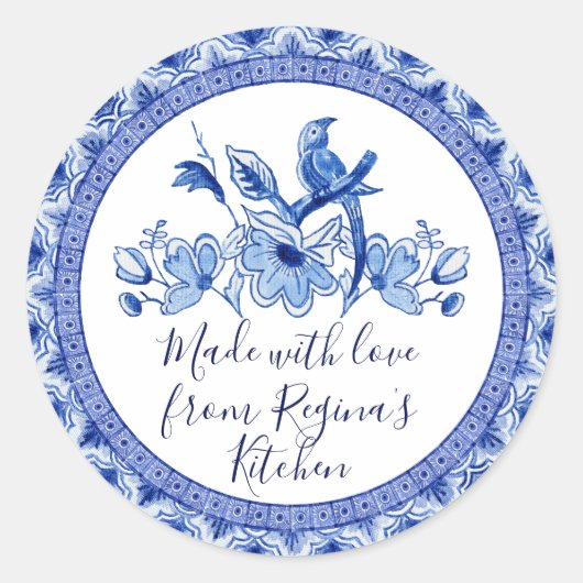 Navy Blau Witte Aziatische Chinoiserie Keukencadea Ronde Sticker (Voorkant)