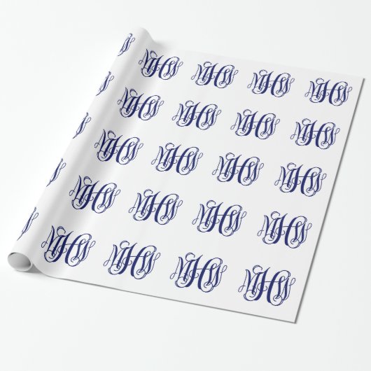 Navy Blauw 3 Initialen Wingerd Schrift Monogram DI Cadeaupapier (Uitgerold)