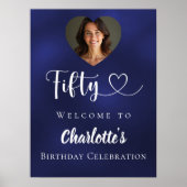 Navy blauw 50ste verjaardagsfeest foto hart welkom poster (Voorkant)