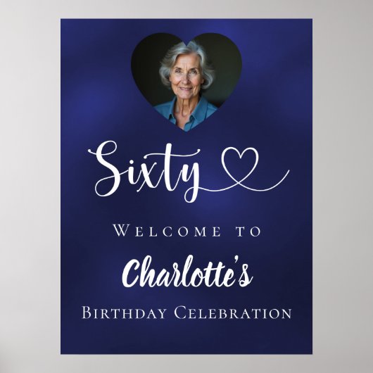 Navy blauw 60e verjaardagsfeest foto hart welkom poster (Voorkant)