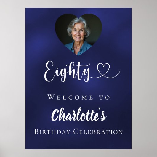 Navy blauw 80ste verjaardagsfeest foto hart welkom poster (Voorkant)