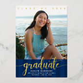 Navy blauw afstuderen foto modern script echt goud folie uitnodiging (Voorkant)