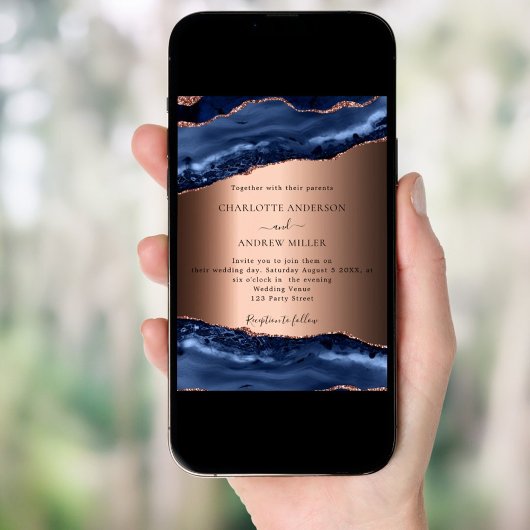 Navy blauw agaat marmeren roos gouden avond bruilo kaart