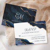 Navy Blauw Agaat Wit Monogram Bruiloft RSVP Kaartje