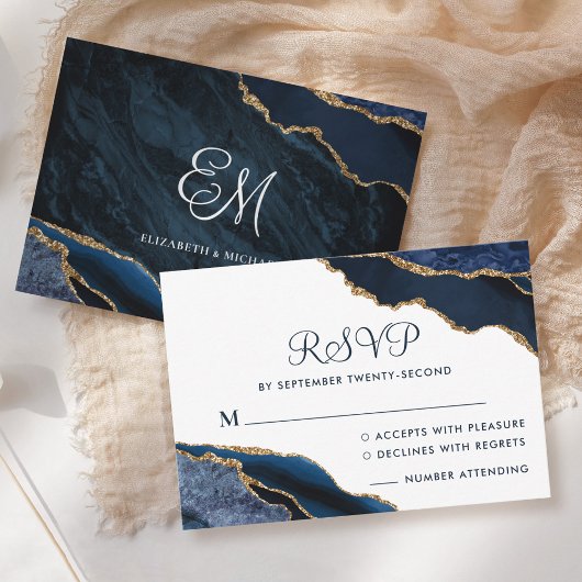 Navy Blauw Agaat Wit Monogram Bruiloft RSVP Kaartje