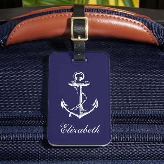 Navy Blauw Anker Custom Monogram Bagagelabel (Voorkant Insitu 2)