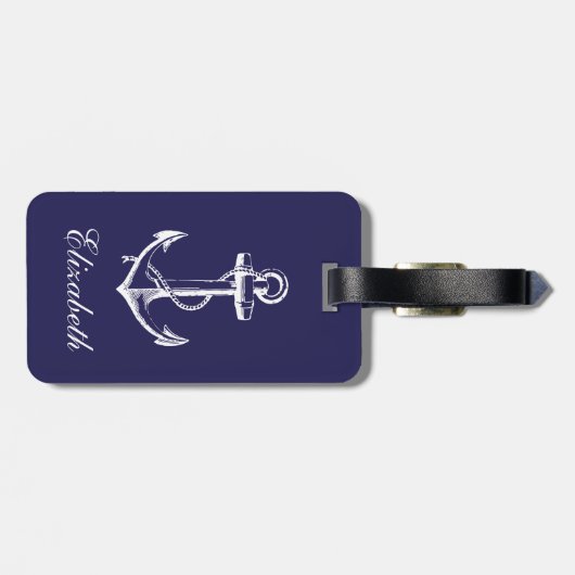 Navy Blauw Anker Custom Monogram Bagagelabel (Achterkant horizontaal)