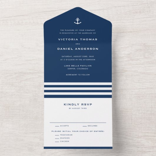 Navy Blauw Anker en Stripes Nautische Bruiloft All In One Uitnodiging (Binnen)