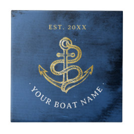 Navy-blauw aquarelanker Nautisch voeg bootnaam toe Tegeltje