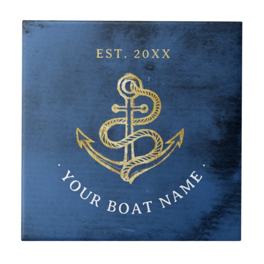 Navy-blauw aquarelanker Nautisch voeg bootnaam toe Tegeltje (Voorkant)