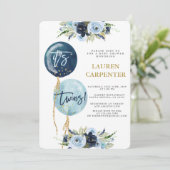 Navy blauw ballon baby shower Twins boys Invitatio Kaart (Staand voorkant)