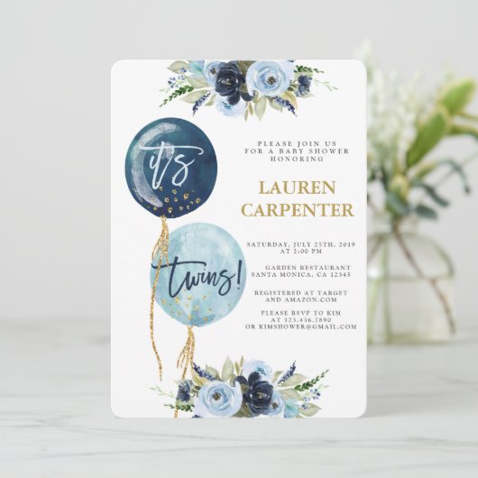 Navy blauw ballon baby shower Twins boys Invitatio Kaart (Staand voorkant)