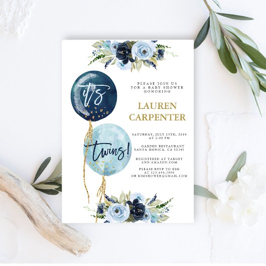 Navy blauw ballon baby shower Twins boys Invitatio Kaart