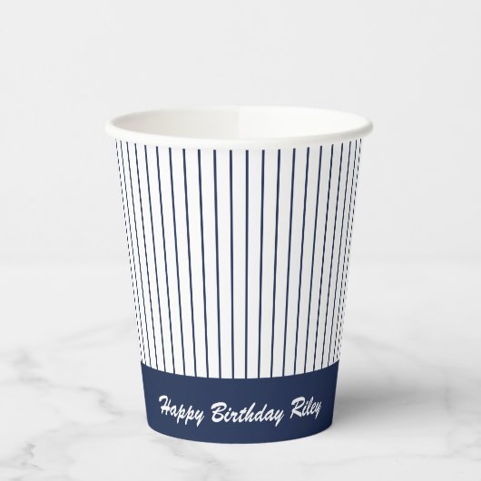 Navy Blauw Baseball Pinstripe Verjaardagsfeest Papieren Bekers (Links)