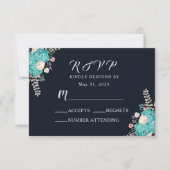 Navy Blauw Blauw Bloemen Bruiloft RSVP Kaartje (Voorkant)