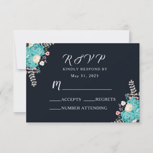 Navy Blauw Blauw Bloemen Bruiloft RSVP Kaartje (Voorkant)