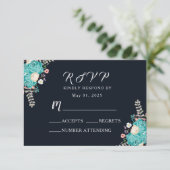 Navy Blauw Blauw Bloemen Bruiloft RSVP Kaartje (Staand voorkant)