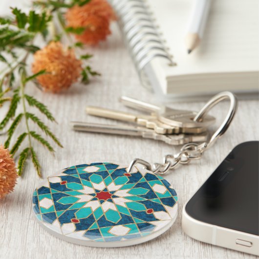 Navy Blauw Blauwgroen Wit Rood Marmer Marokkaans M Sleutelhanger (Voorkant Rechts)