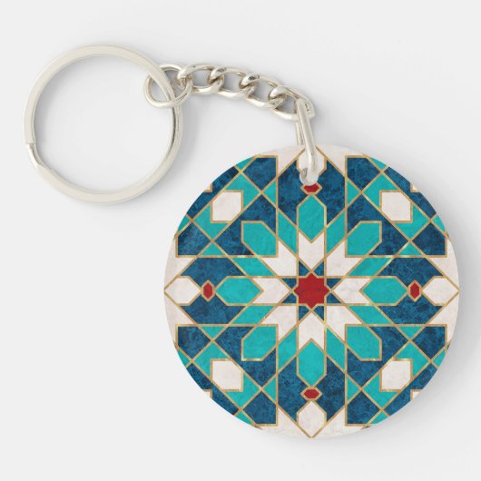 Navy Blauw Blauwgroen Wit Rood Marmer Marokkaans M Sleutelhanger (Voorkant)