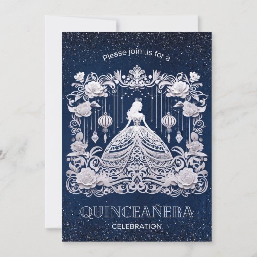 Navy Blauw Bloem Prinses Jurk Quinceanera Kaart (Voorkant)