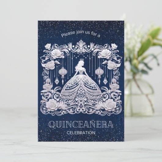 Navy Blauw Bloem Prinses Jurk Quinceanera Kaart (Staand voorkant)