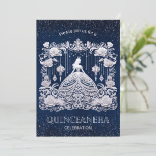 Navy Blauw Bloem Prinses Jurk Quinceanera Kaart