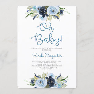 Navy blauw bloemen baby shower jongen kaart