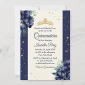 Navy Blauw Bloemen en Goud Tiara Quinceanera Kaart (Voorkant)