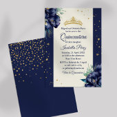 Navy Blauw Bloemen en Goud Tiara Quinceanera Kaart