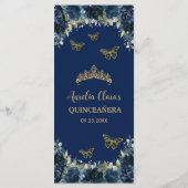 Navy Blauw Bloemen Goud Quinceanera Verjaardagsmen Programmakaart (Achterkant)