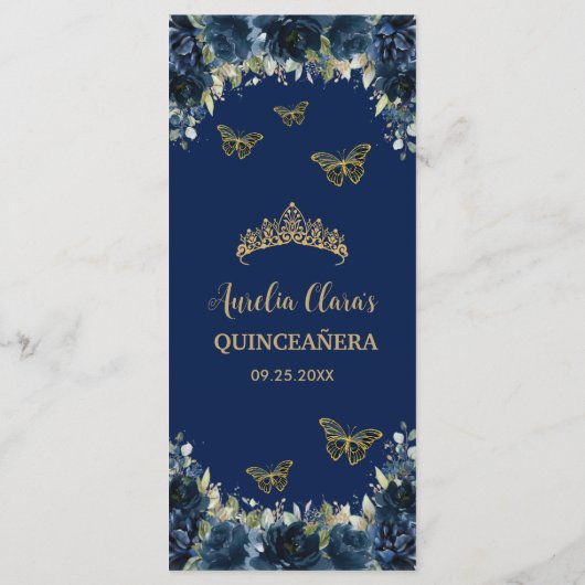 Navy Blauw Bloemen Goud Quinceanera Verjaardagsmen Programmakaart (Achterkant)