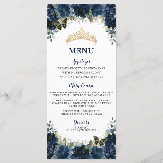 Navy Blauw Bloemen Goud Quinceanera Verjaardagsmen Programmakaart (Voorkant)