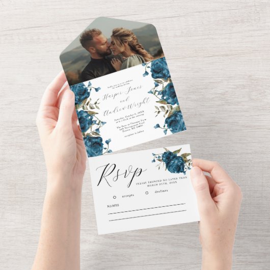 Navy Blauw Bloemen Herfst Bruiloft All In One Uitnodiging (Afscheurbaar)