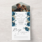 Navy Blauw Bloemen Herfst Bruiloft All In One Uitnodiging (Binnen)