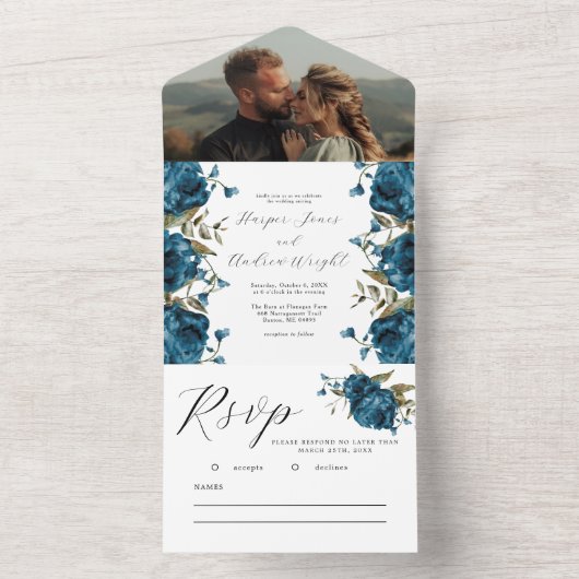 Navy Blauw Bloemen Herfst Bruiloft All In One Uitnodiging (Binnen)