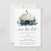 Navy Blauw Bloemen Pompoen Bruiloft Save the Dates Kaart (Voorkant)