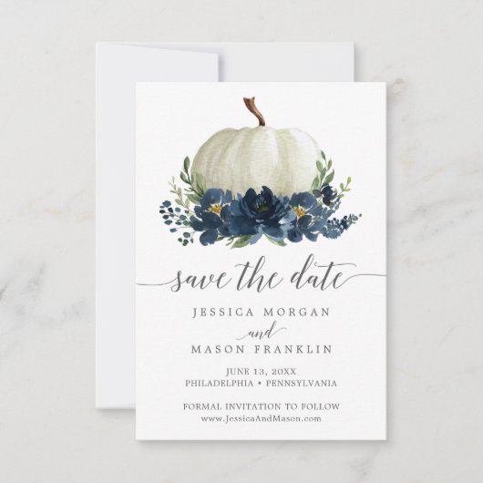 Navy Blauw Bloemen Pompoen Bruiloft Save the Dates Kaart (Voorkant)