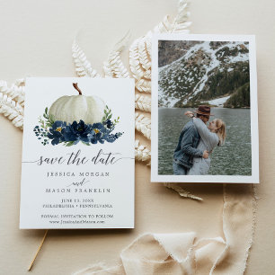Navy Blauw Bloemen Pompoen Bruiloft Save the Dates Kaart