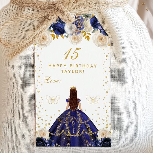 Navy Blauw Bloemen Prinses Gelukkige Verjaardag Cadeaulabel