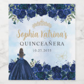 Navy Blauw Bloemen Prinses Quinceanera Verjaardag Wijn Etiket (Enkel label)