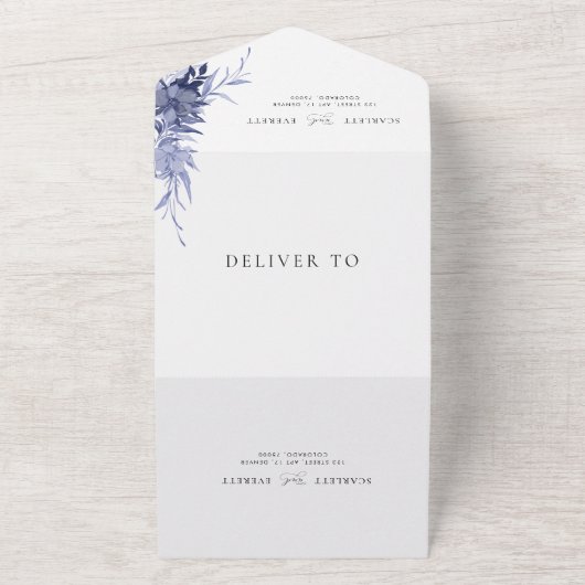 Navy Blauw Bloemen Romantische Kalligrafie Bruilof All In One Uitnodiging (Buitenkant)