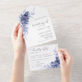 Navy Blauw Bloemen Romantische Kalligrafie Bruilof All In One Uitnodiging (Afscheurbaar)